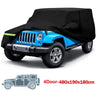 Black heavy-duty waterproof car cover protecting a blue Jeep Wrangler or SUV.