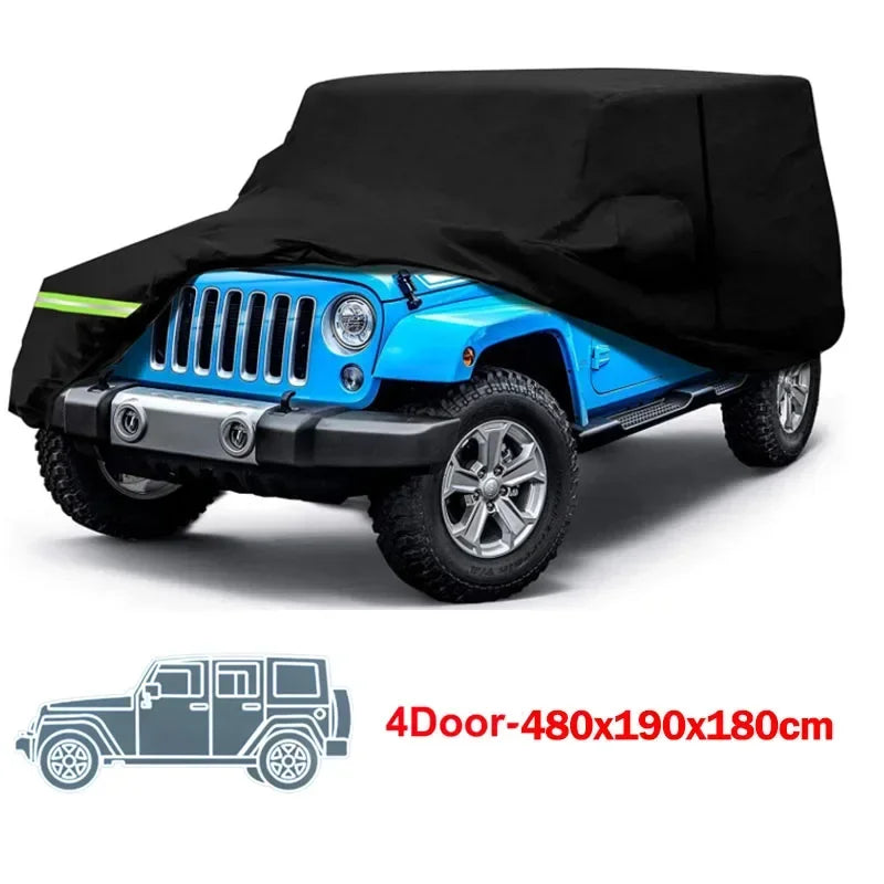Black heavy-duty waterproof car cover protecting a blue Jeep Wrangler or SUV.