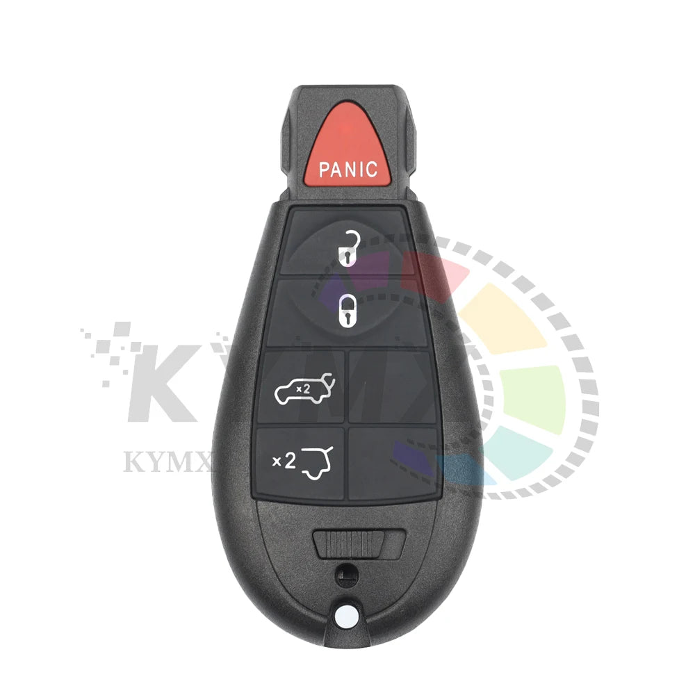 A black smart remote car key fob with a panic button and various key icons for Jeep, Dodge, and Chrysler models.