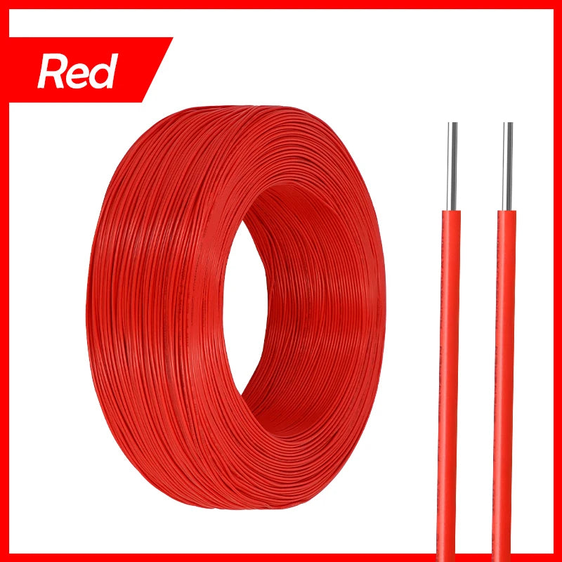 Red heavy duty insulated copper power cable coiled and two individual wires shown