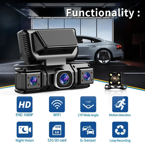 A black 4-in-1 HD WiFi car dash cam with a parking monitor and G-sensor is shown next to a silver car.
