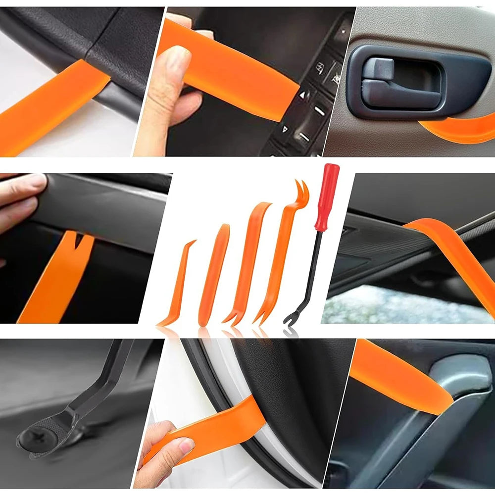 Orange universal auto fastener clips used to secure car body trim components.