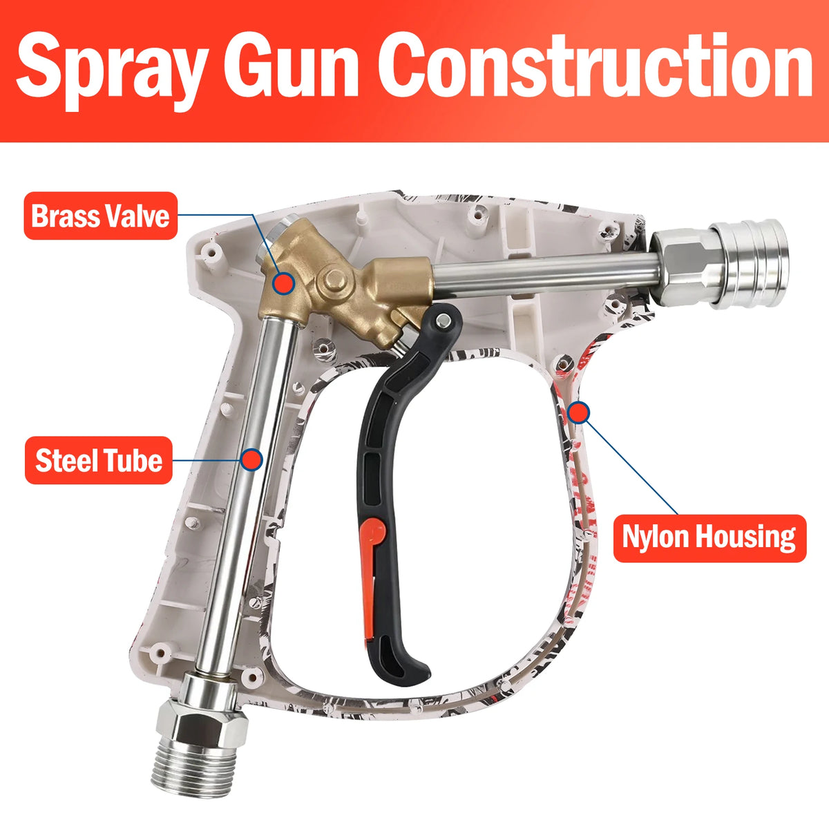 A spray gun construction kit featuring a brass valve, steel tube, and nylon housing for pressure washing.