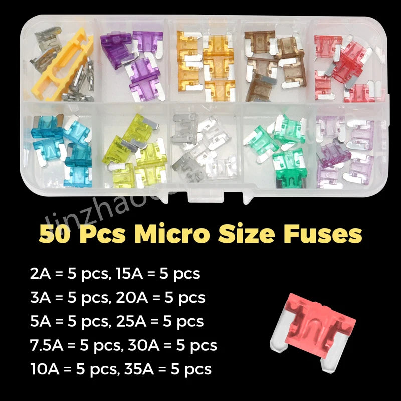 Assortment kit of 50 micro size fuses in various amperage ratings for automotive use