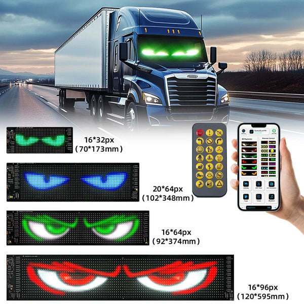 A truck is shown alongside various 2-in-1 LED pixel panels with app control, including green, blue, and red eyes.