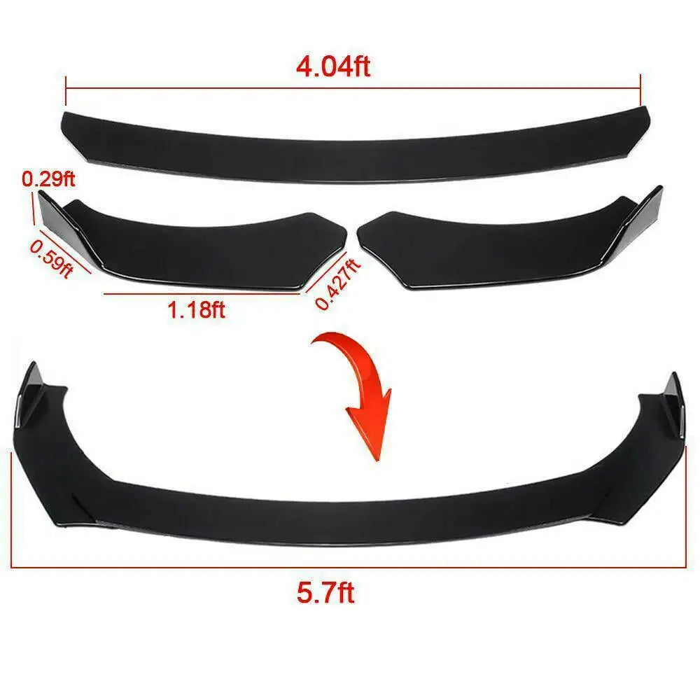 Black universal front bumper lip and side skirt kit components shown with various measurements.