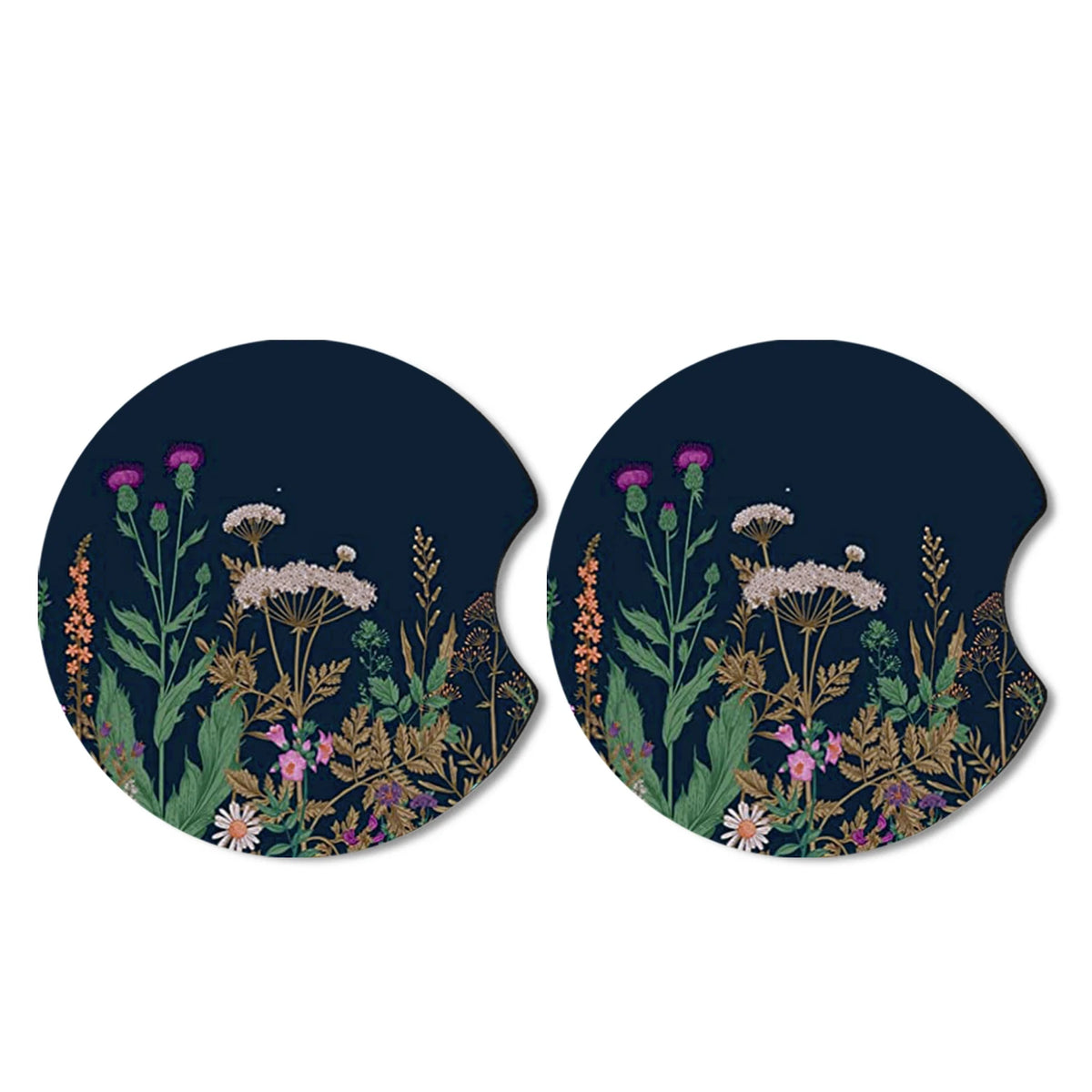A pair of dark blue coasters featuring a botanical pattern of various dried flowers and greenery.