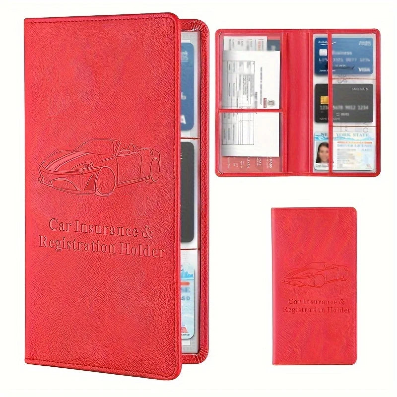 A red faux leather car insurance and registration holder with a clear plastic sleeve and an open display view.