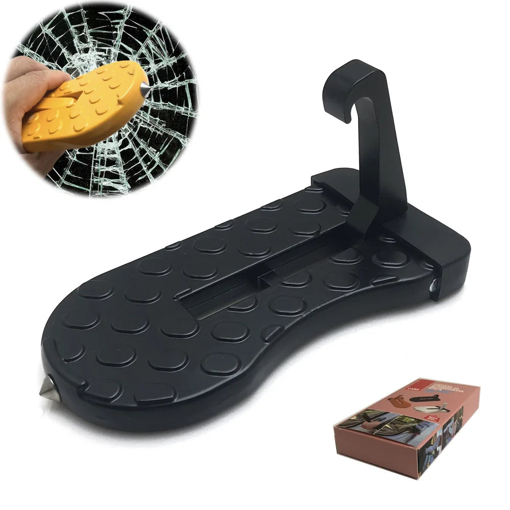 A black heavy-duty vehicle roof access hook with a curved metal latch and a small box.