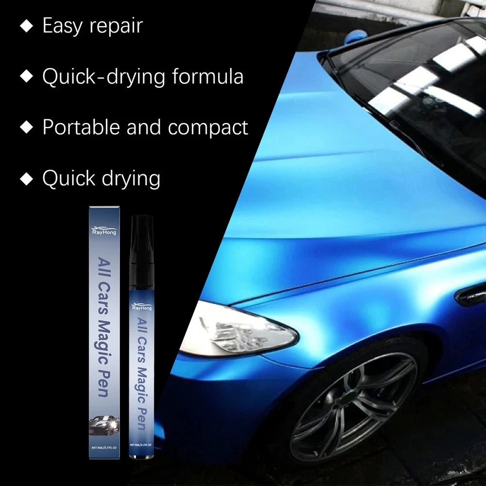 A bottle of All Cars Magic Pen scratch remover next to a blue car body panel.