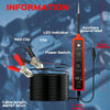 A red and black electrical tester with a clip and lead, shown next to a coiled cable.