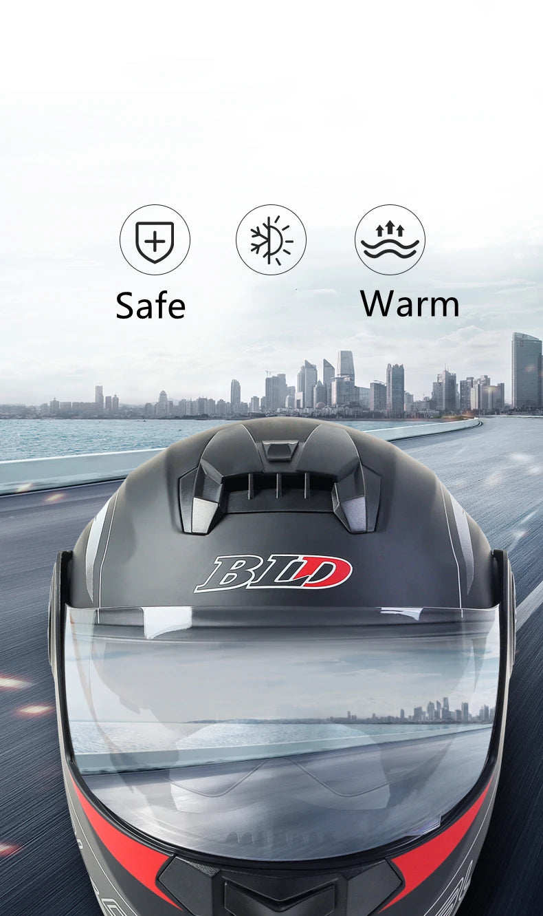 A black motorcycle helmet with a clear visor and red accents is shown against a cityscape background.