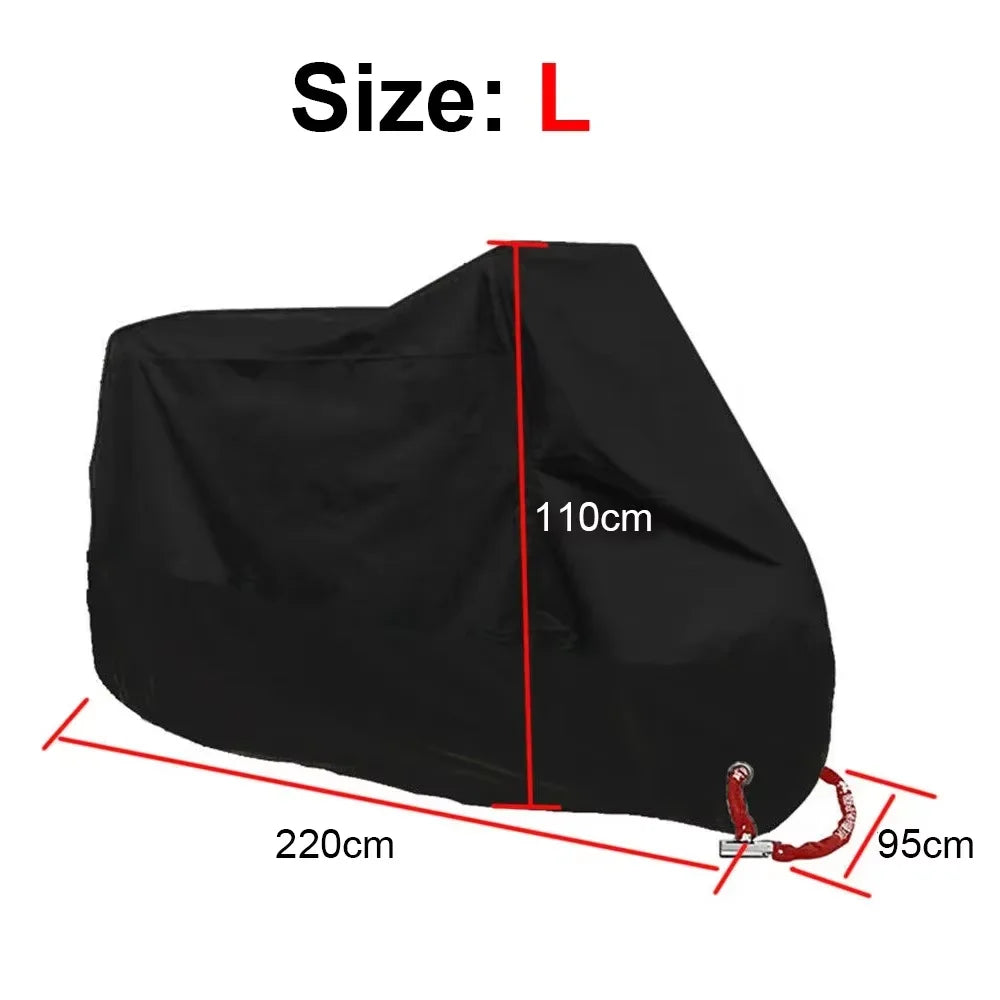 Housse universelle noire pour moto, taille L, dimensions 110cm, 220cm et 95cm.