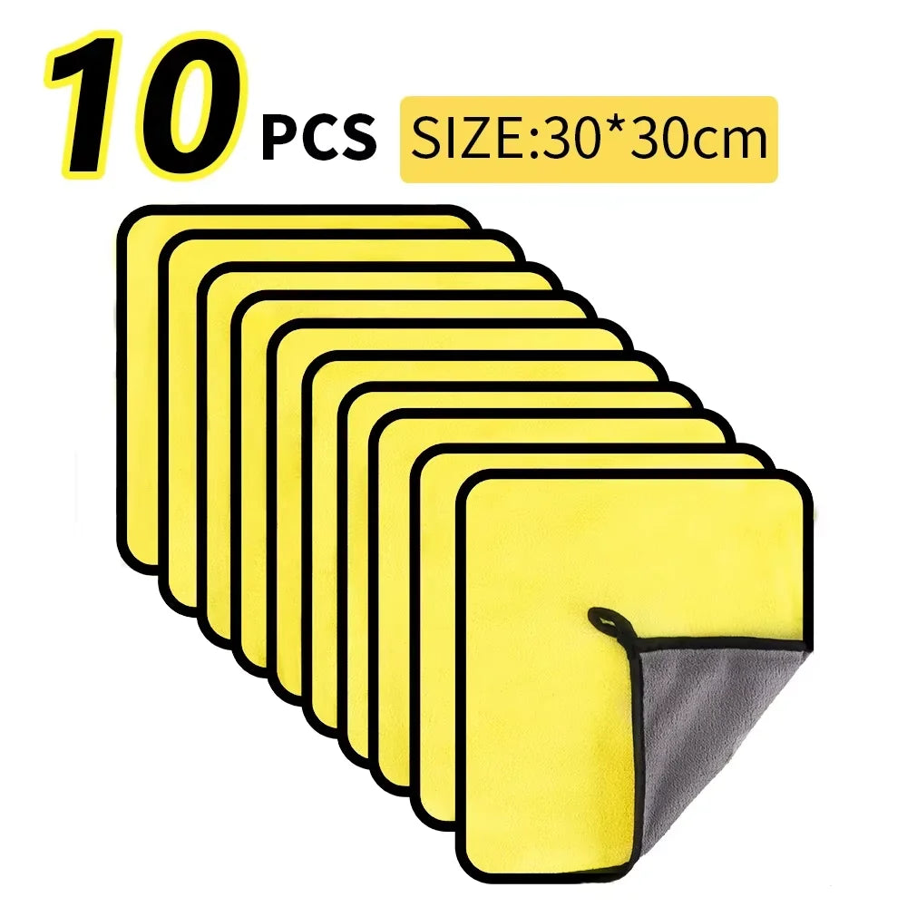 A set of ten yellow microfiber car cleaning towels, sized 30x30cm.
