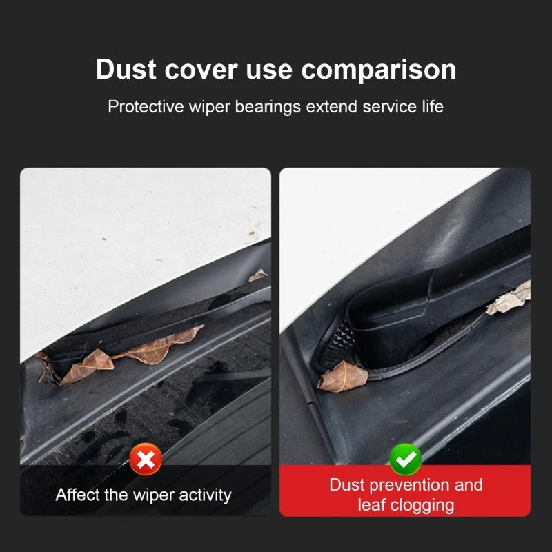 Comparison showing how a dust cover protects wiper bearings and prevents leaf clogging on a car windshield.