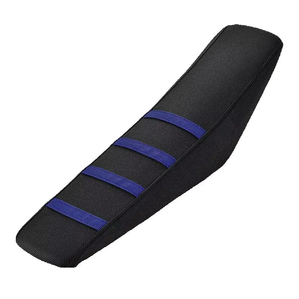 Black motorcycle seat cover protector with blue stitching lines.