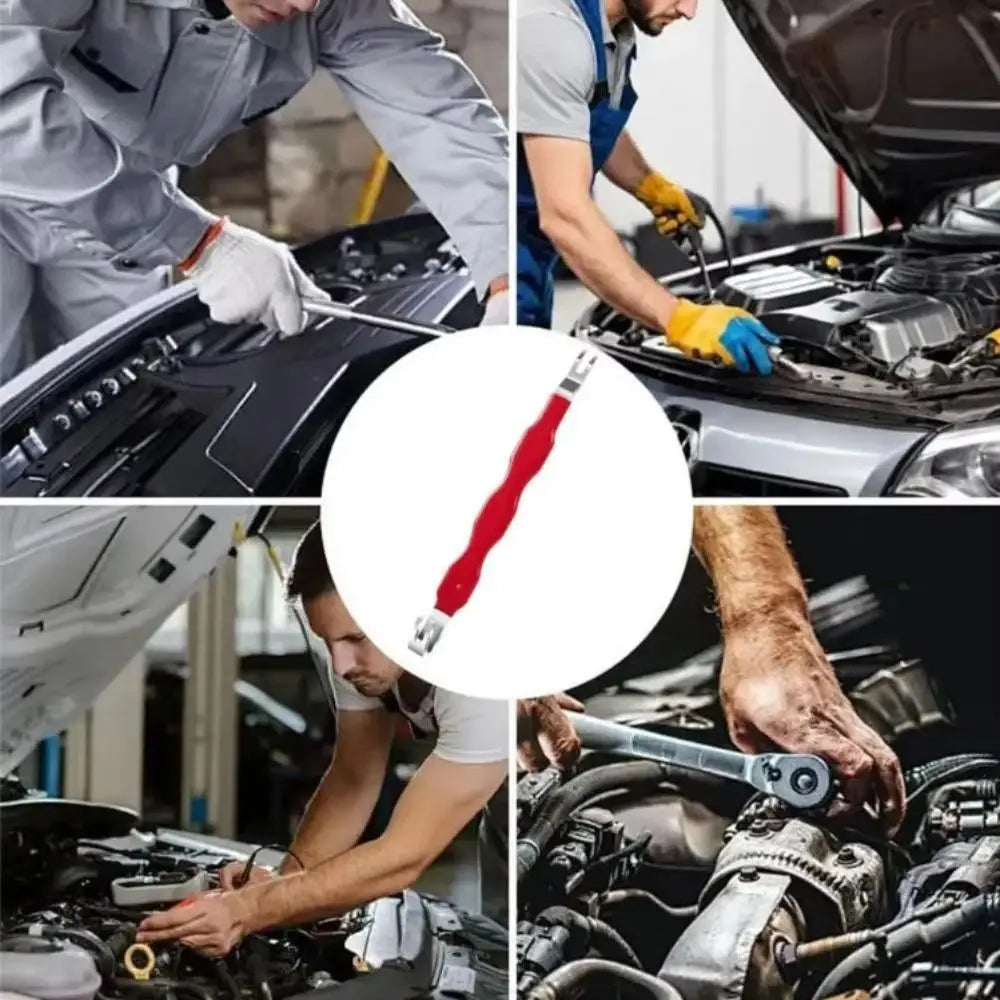 A close-up of a hand using a universal electrical terminal connector removal tool on an engine component.