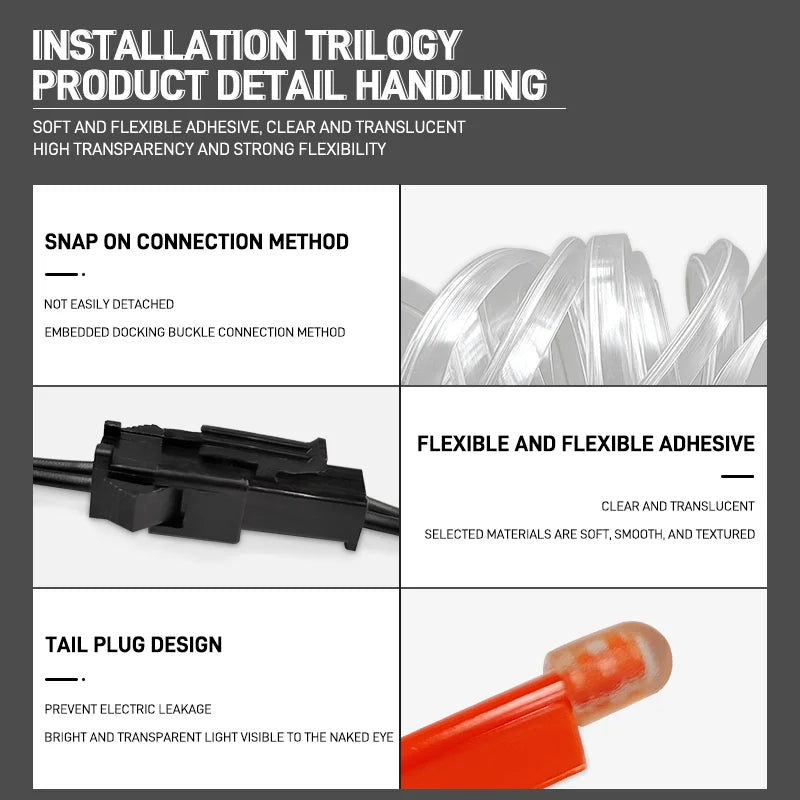 Installation trilogy product detail showing snap on connection method, flexible adhesive, and tail plug design.