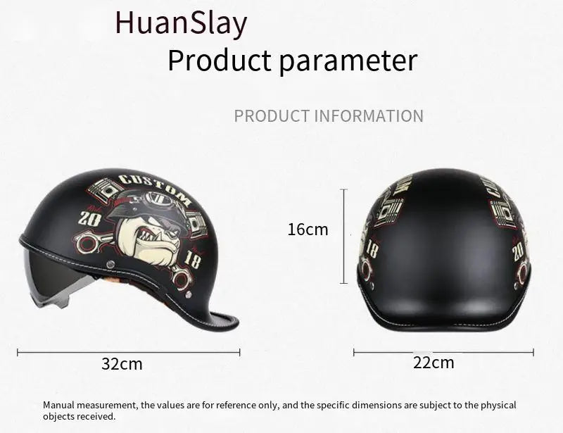 Schwarzer Vintage-Motorradhelm, von der Seite und oben, mit Maßenangabe.