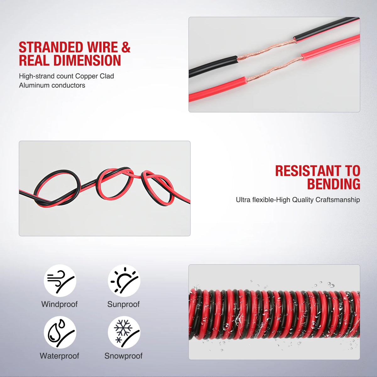 A close-up view of a red and black stranded wire extension cable used for automotive and LED systems.