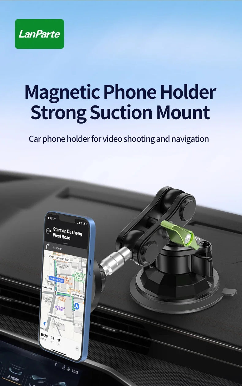 Support magnétique de téléphone fixé sur tableau de bord de voiture, utilisé pour la vidéo et la navigation.
