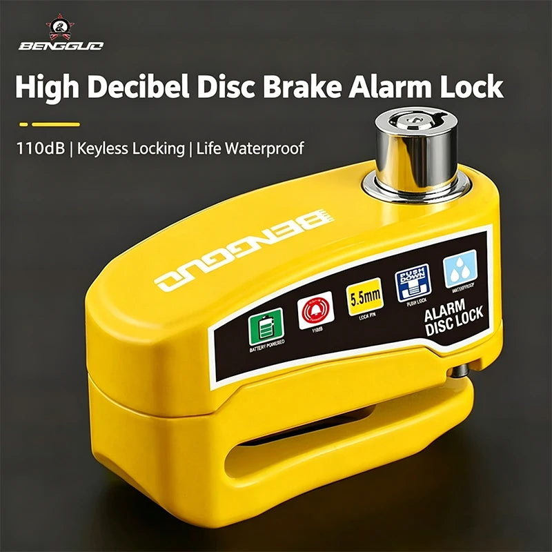 Dispositivo de alarma con freno de disco amarillo y tapa plateada, con funciones como sonido de 110dB y bloqueo sin llave.