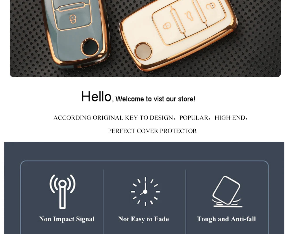 A pair of silicone TPU car key cover protectors shown against a dark background.