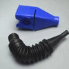 A blue plastic funnel tool for car and motorcycle oil, shown next to a black coiled tube.