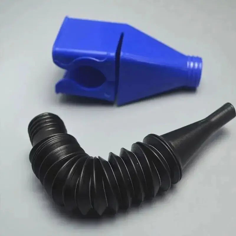 A blue plastic funnel tool for car and motorcycle oil, shown next to a black coiled tube.