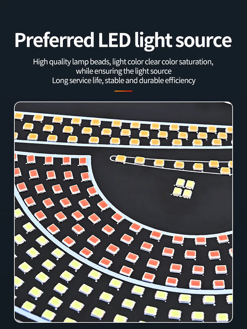 LED light source components arranged in a curved pattern on a dark surface.