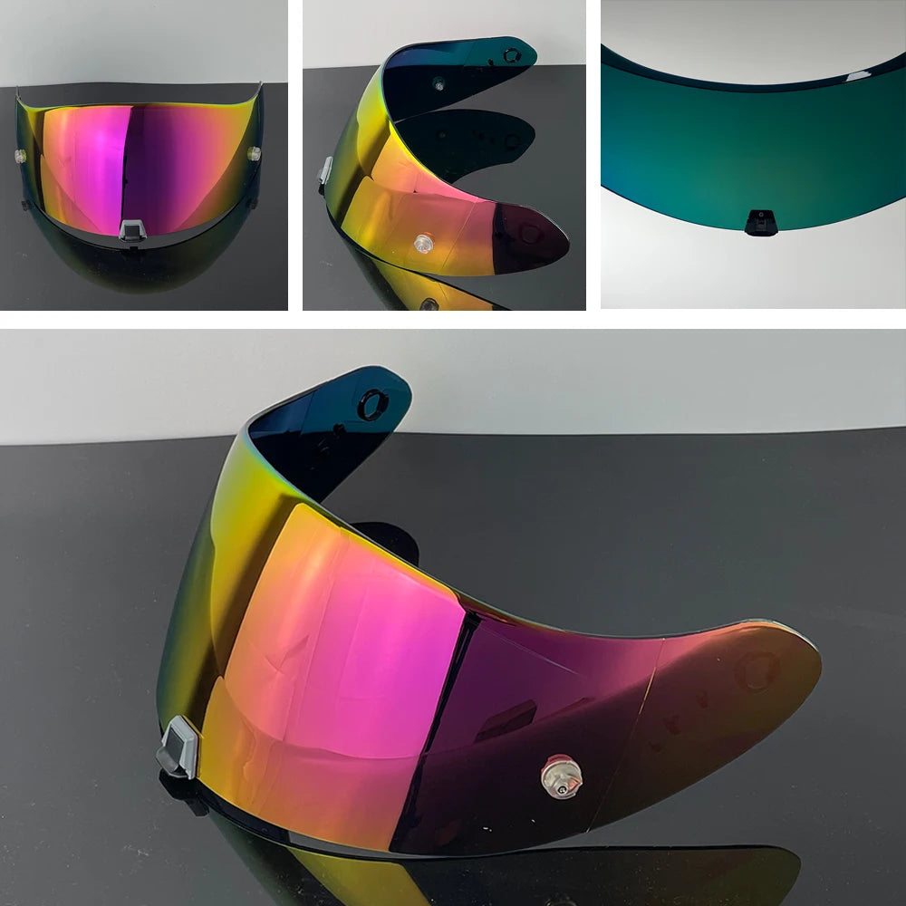 A motorcycle helmet visor lens showing various iridescent colors including pink, purple, green, and orange hues.