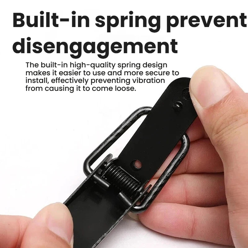 A hand is holding a black universal car hood and bonnet latch pin, demonstrating its design.