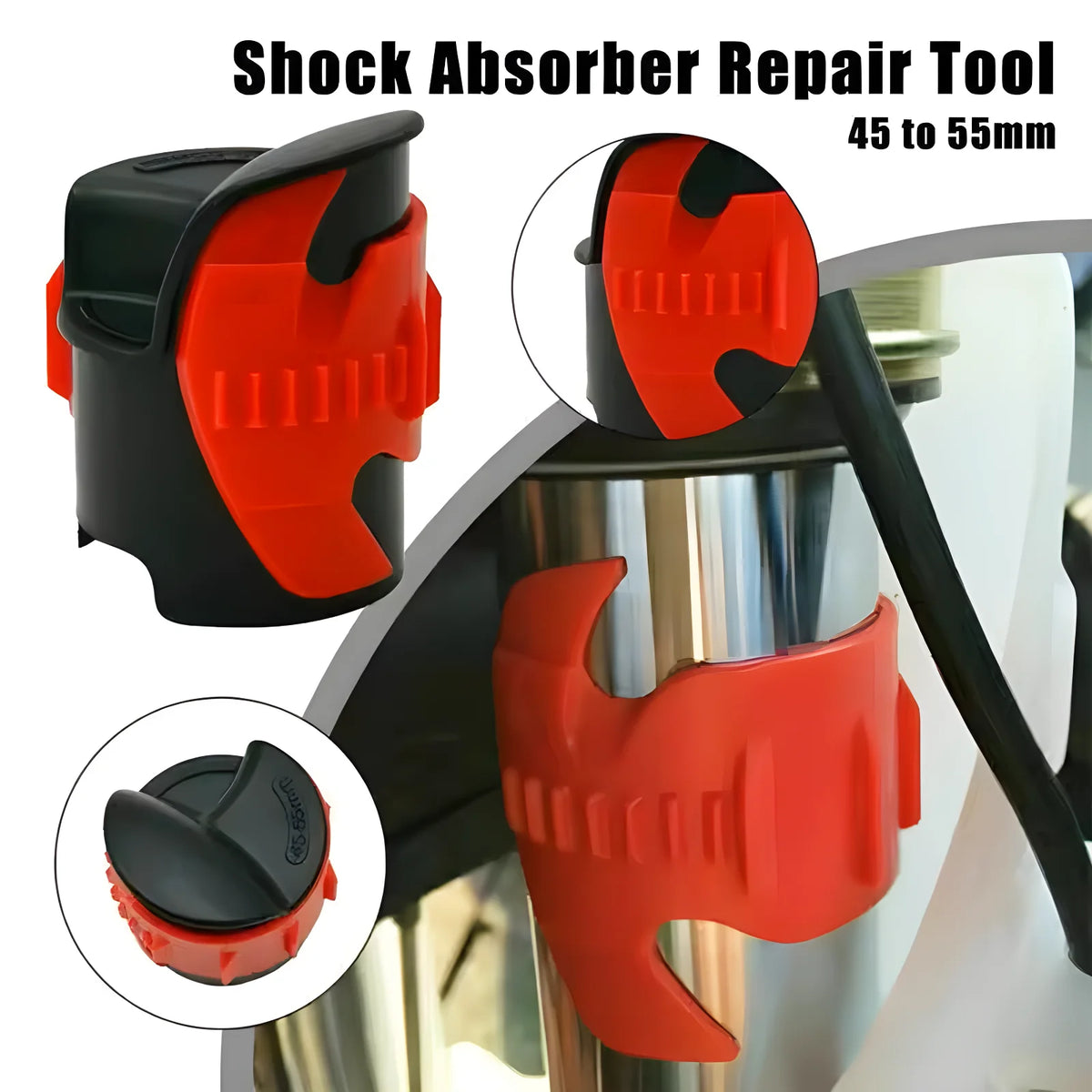 An orange and black shock absorber repair tool is shown being used on a motorcycle component.