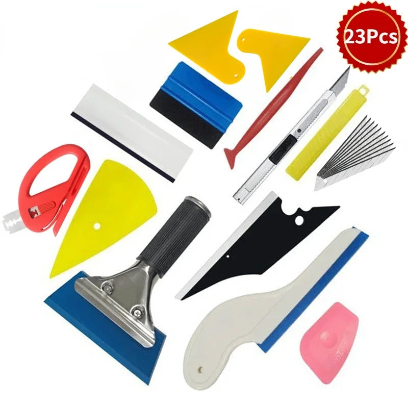 A set of professional car vinyl wrap tools including various cutting and shaping blades and accessories.