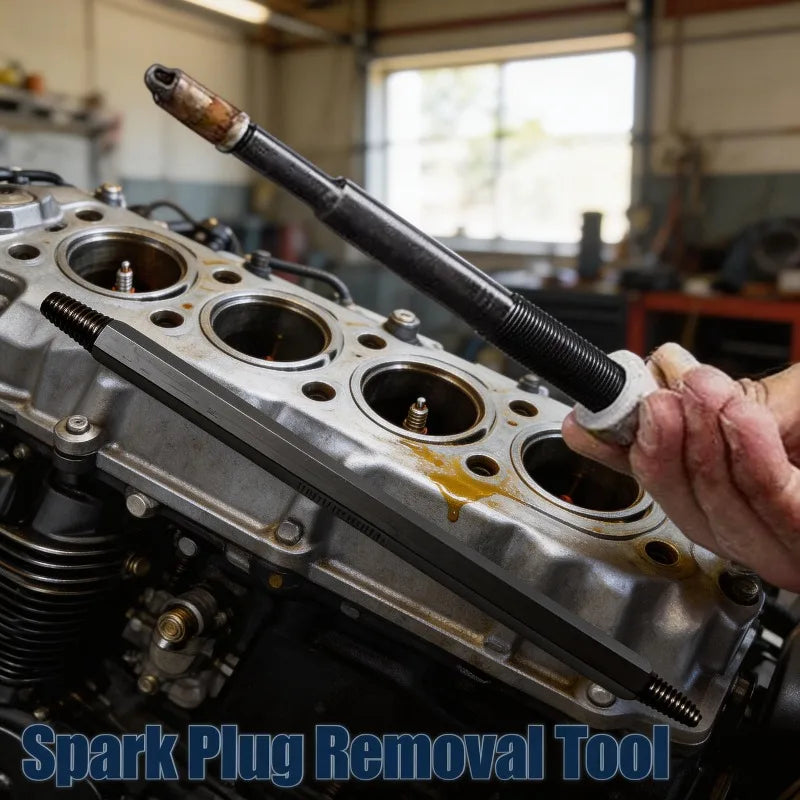 A hand holds a black spark plug removal tool positioned over the cylinder head of an engine.