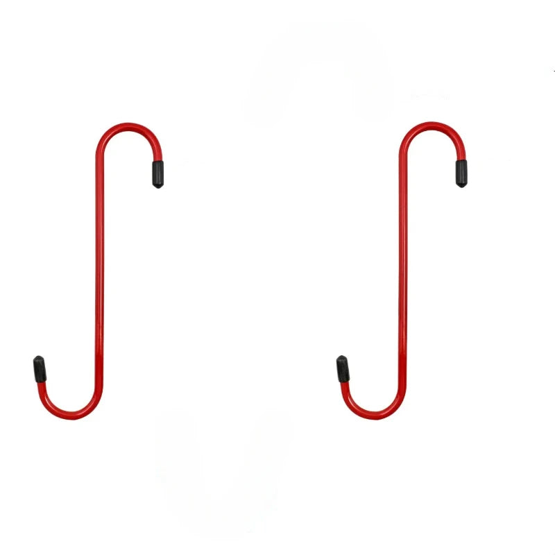 A pair of red suspension disc service brake caliper hooks.
