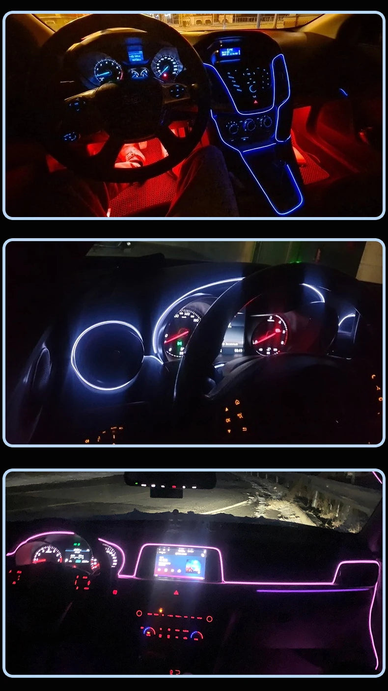Close-up shots of a car interior featuring flexible LED strips providing ambient lighting in various colors.