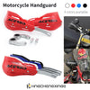 Red motorcycle handguards available in multiple colors, shown with mounting hardware and installed on a dirt bike.