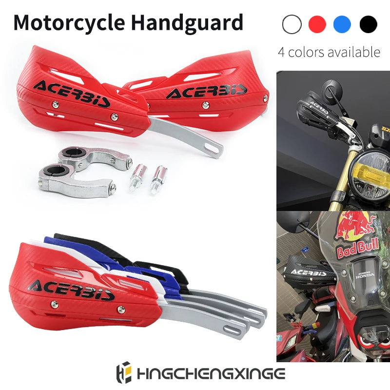 Red motorcycle handguards available in multiple colors, shown with mounting hardware and installed on a dirt bike.