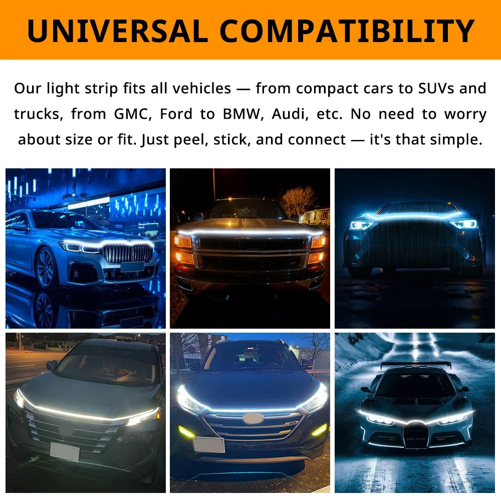 Light strip installed on the hood of various vehicles, demonstrating universal compatibility.