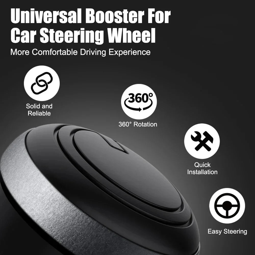 A close-up view of a black universal booster knob designed for car steering wheels.