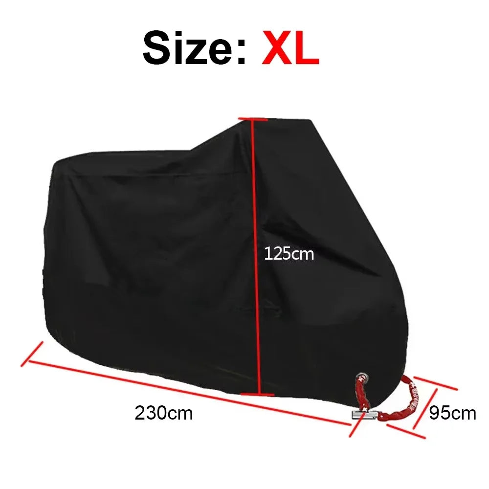 Housse universelle pour moto noire, taille XL, dimensions 125cm, 230cm et 95cm.