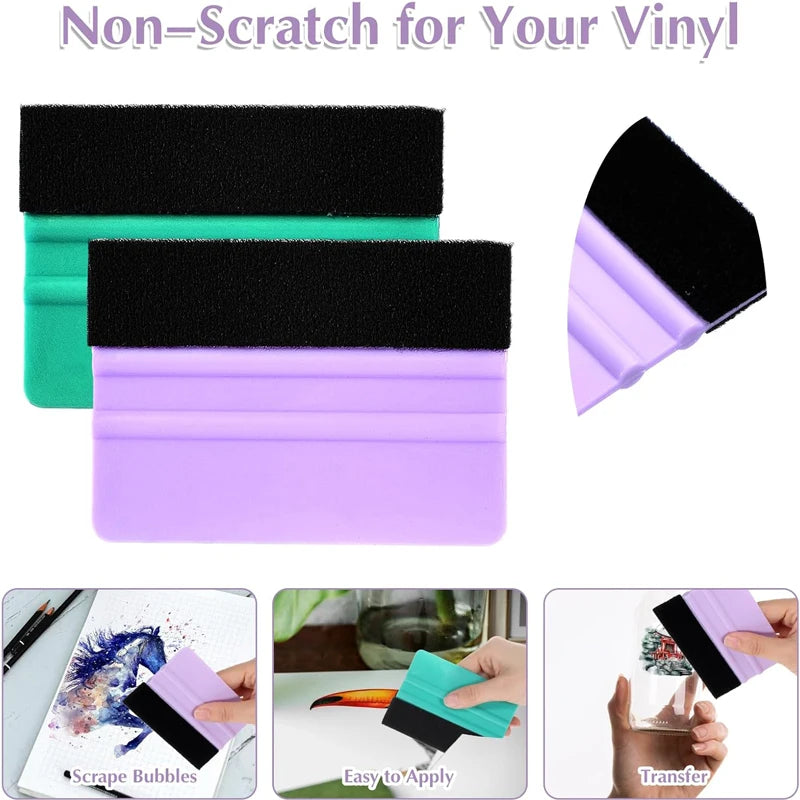 A felt squeegee tool in purple and black is shown for removing scratches from vinyl.