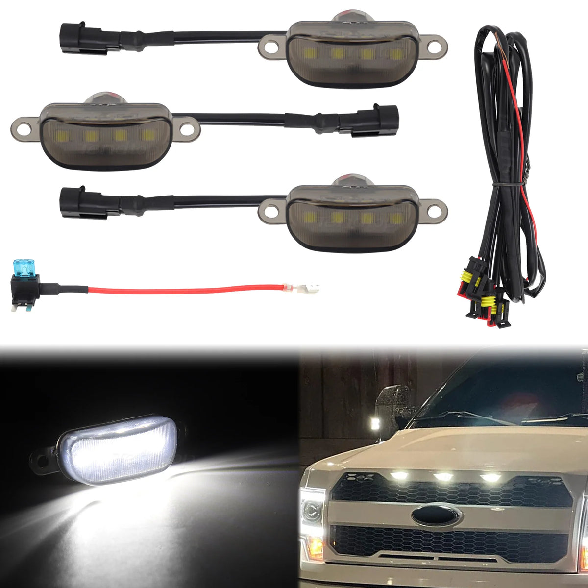 Multiple views of a front grille marker LED light kit for Ford F-150 and RAM 1500, including individual lights and wiring.