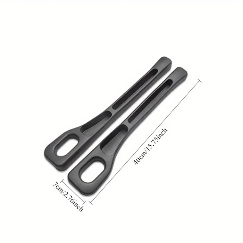 Black car seat gap filler organizer tool with measurements shown.