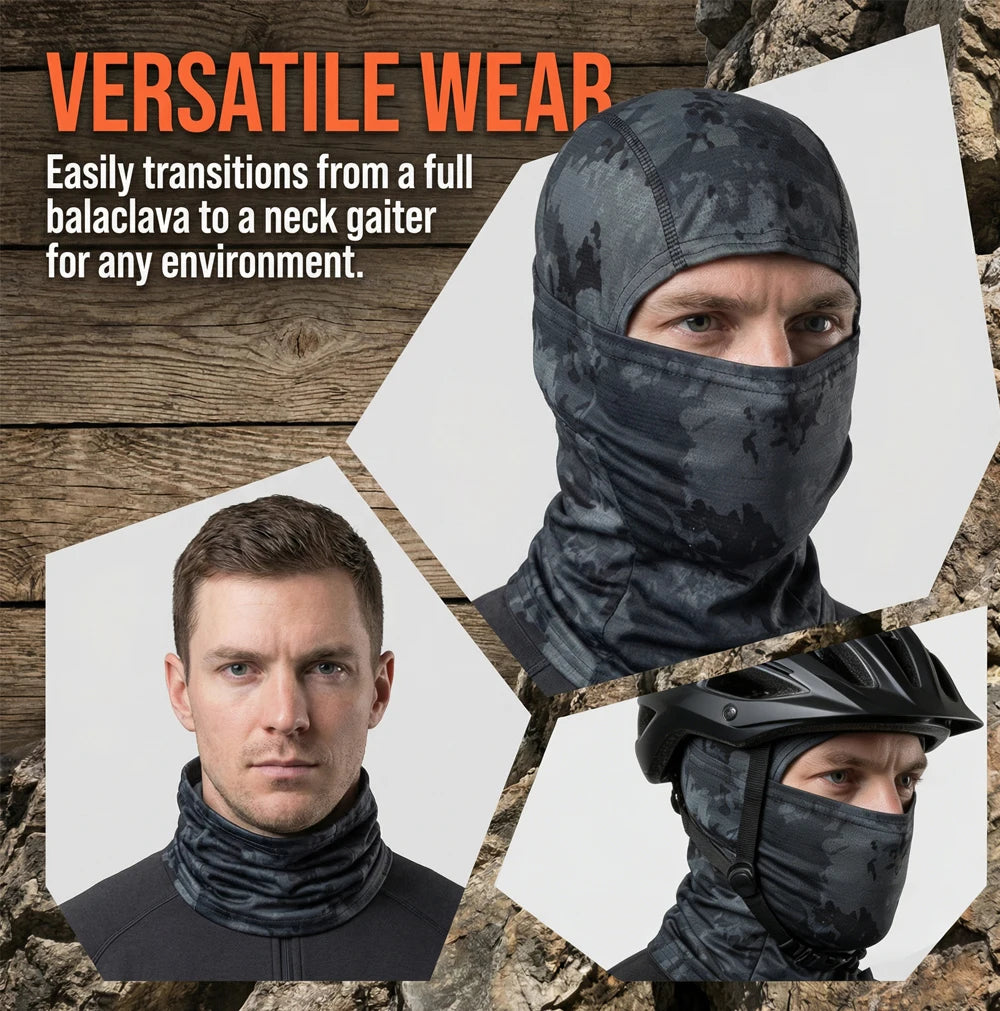 A man wearing a multi-functional stretchy balaclava cap in dark camouflage fabric.