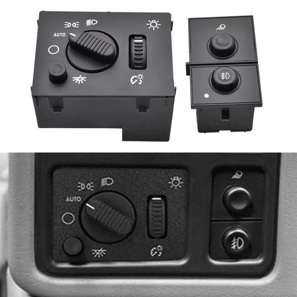 A black fog light switch assembly with auto mode, light control, and a dedicated switch for GM vehicles.