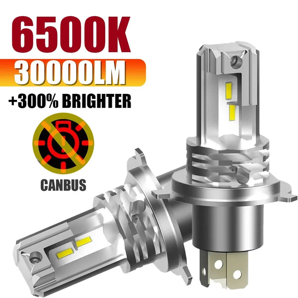 A silver LED headlight bulb with a CANBUS connector and yellow light, shown in a close-up view.
