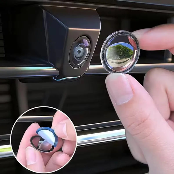 A hand is holding a clear lens protector for a car camera, showing its protective design.