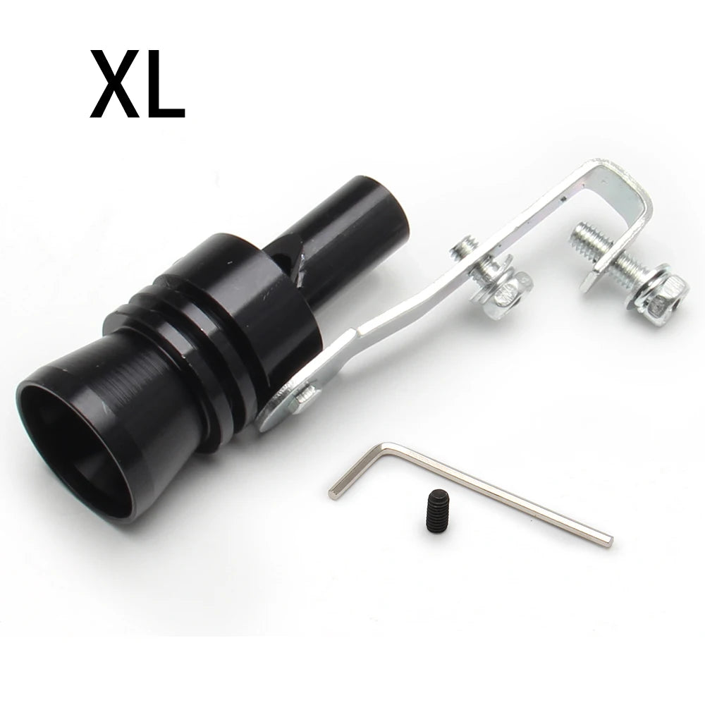 Black universal turbo exhaust whistle with metal mounting bracket and rod.